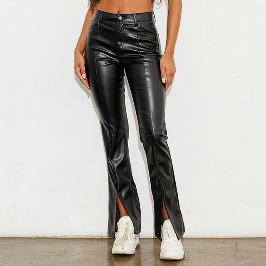Vegan Leather Front Slit Bootcut Pants - Black
