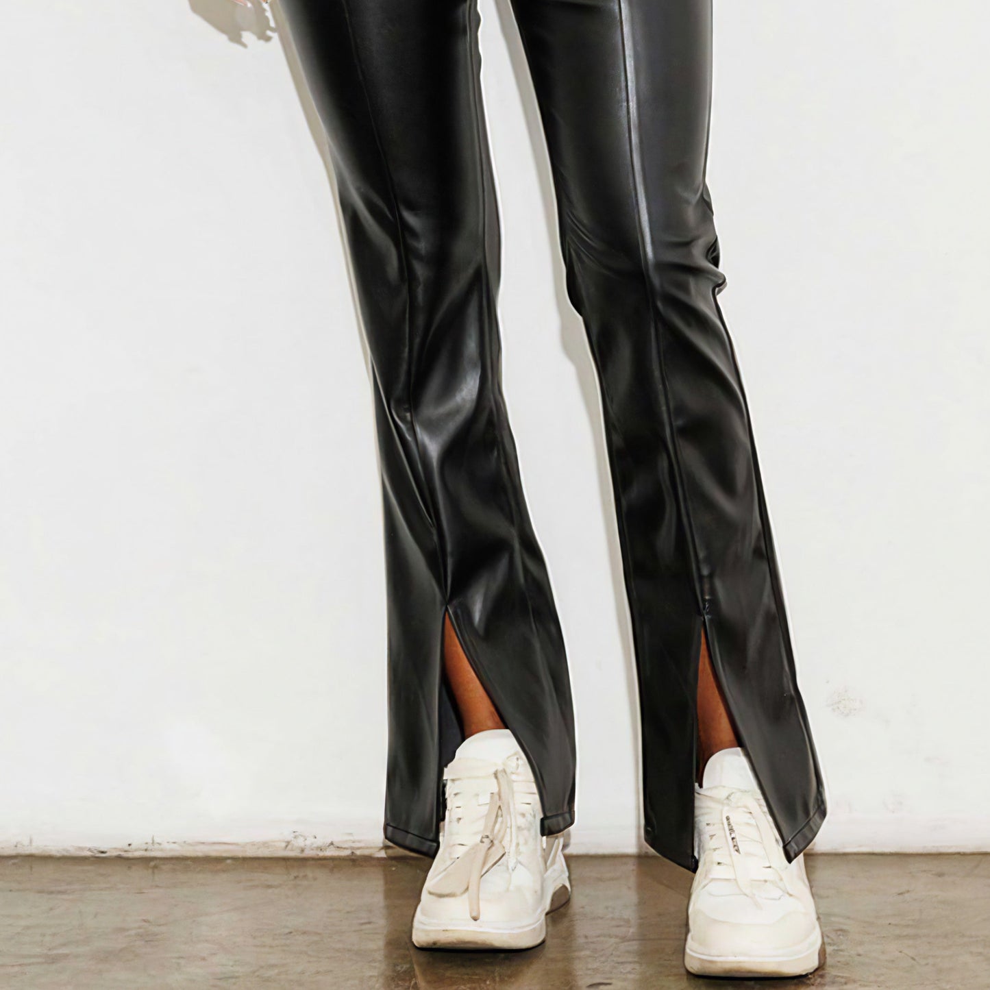 Vegan Leather Front Slit Bootcut Pants - Black
