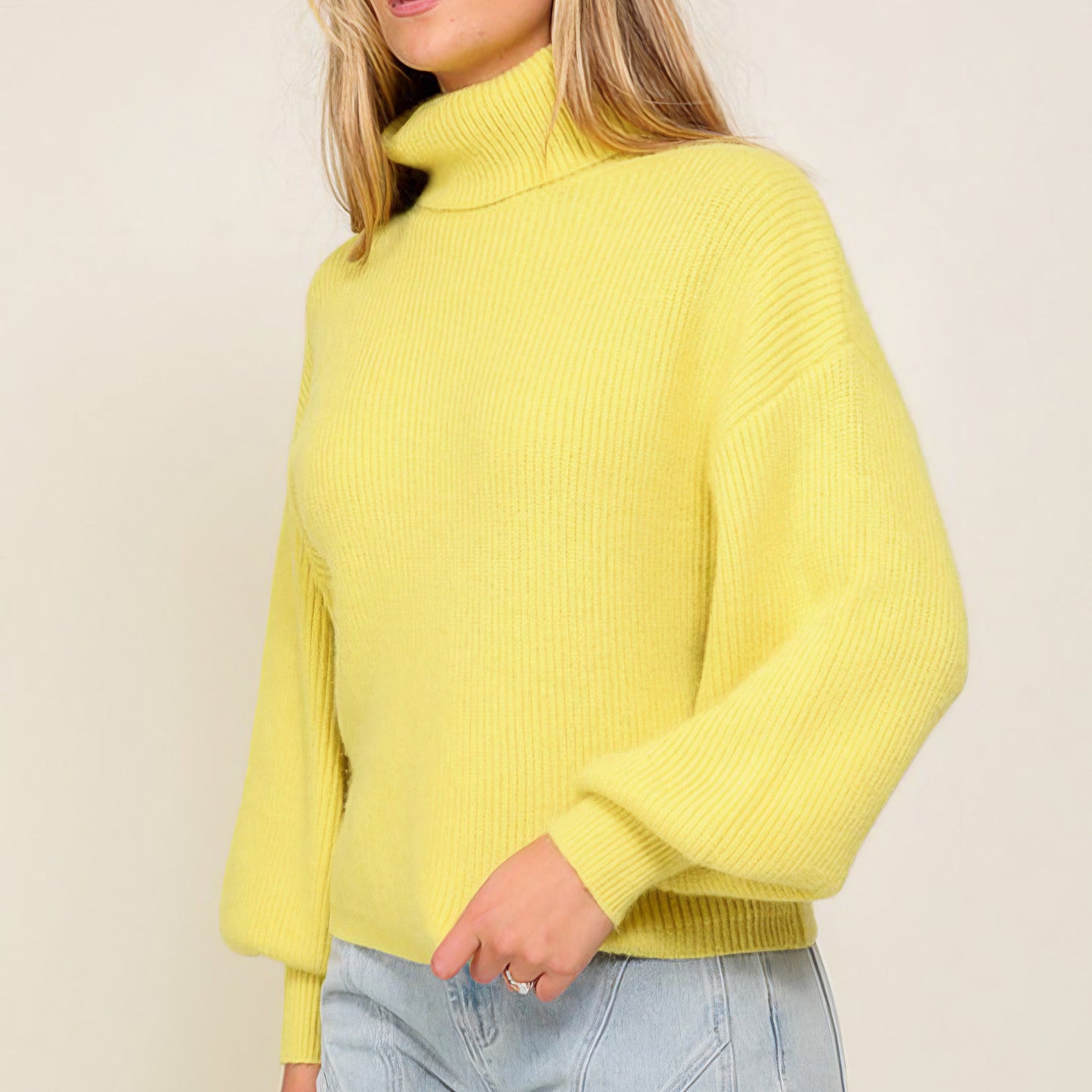 Rib Knitted Turtleneck Sweater with Bishop Sleeves