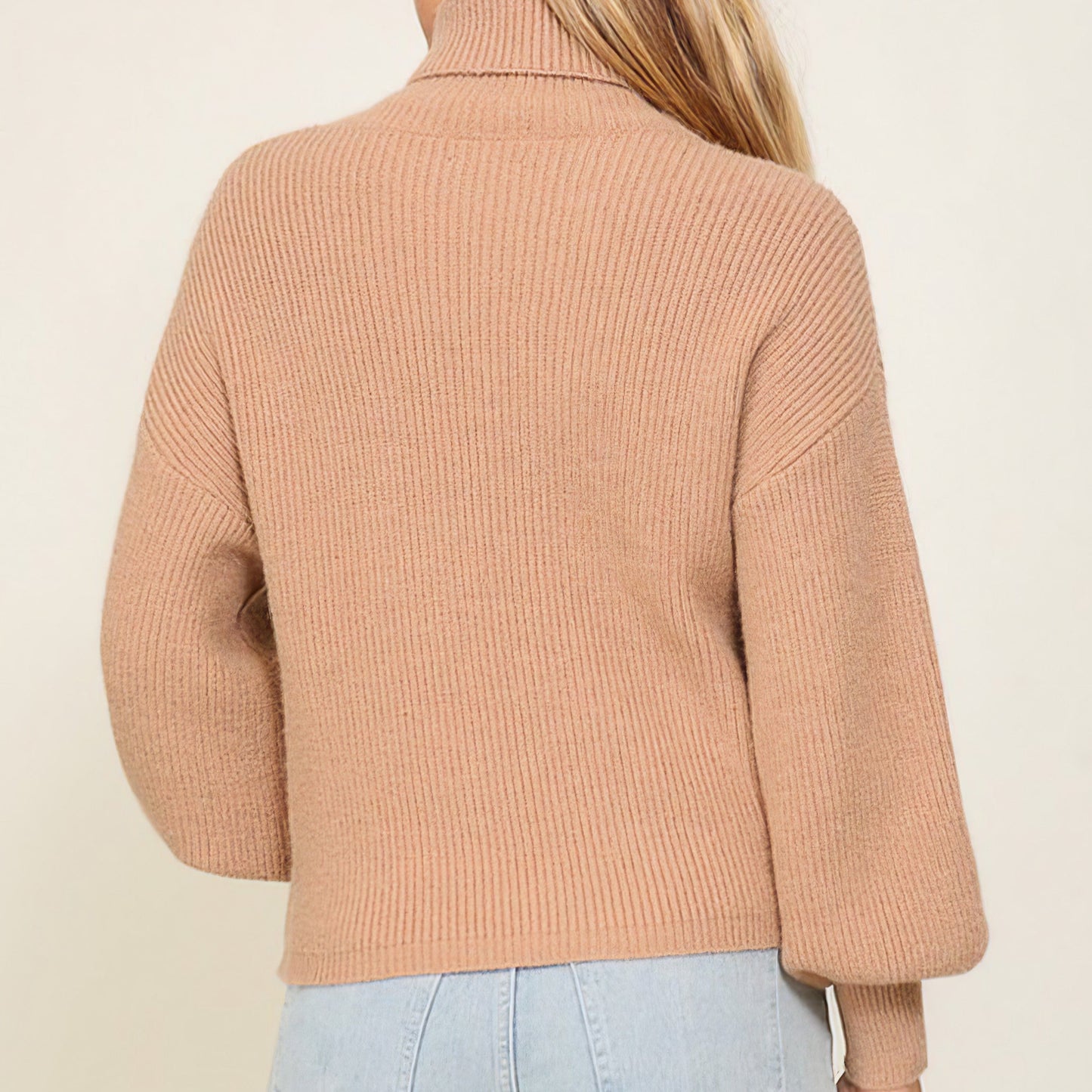 Rib Knitted Turtleneck Sweater with Bishop Sleeves
