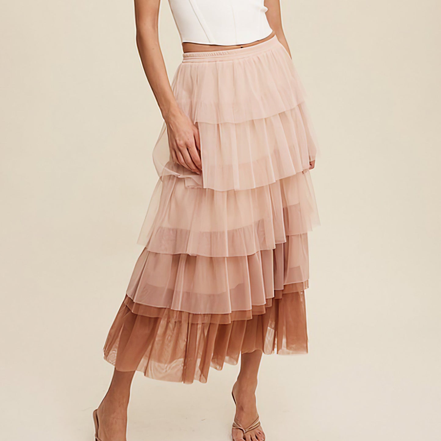 Gradient Style Tiered Mesh Maxi Skirt