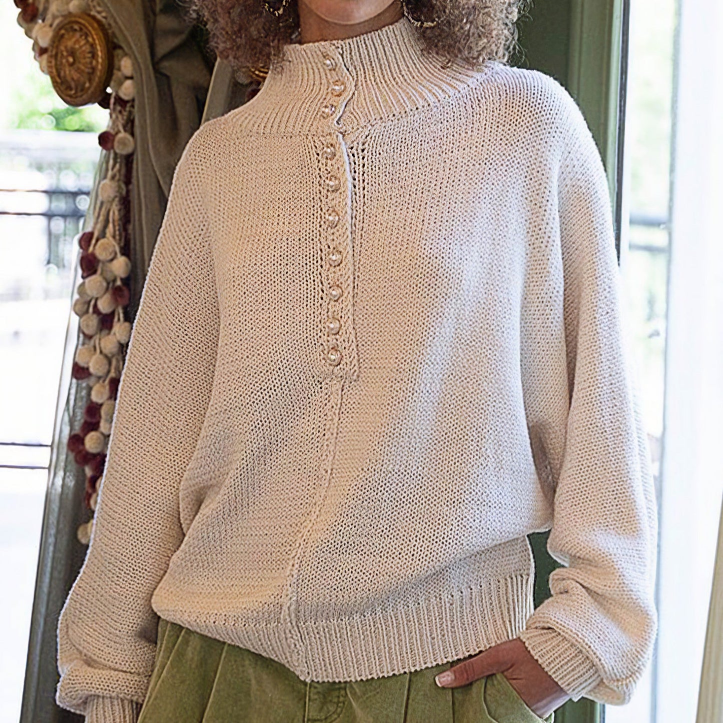 Pearl-Buttoned Knit Sweater