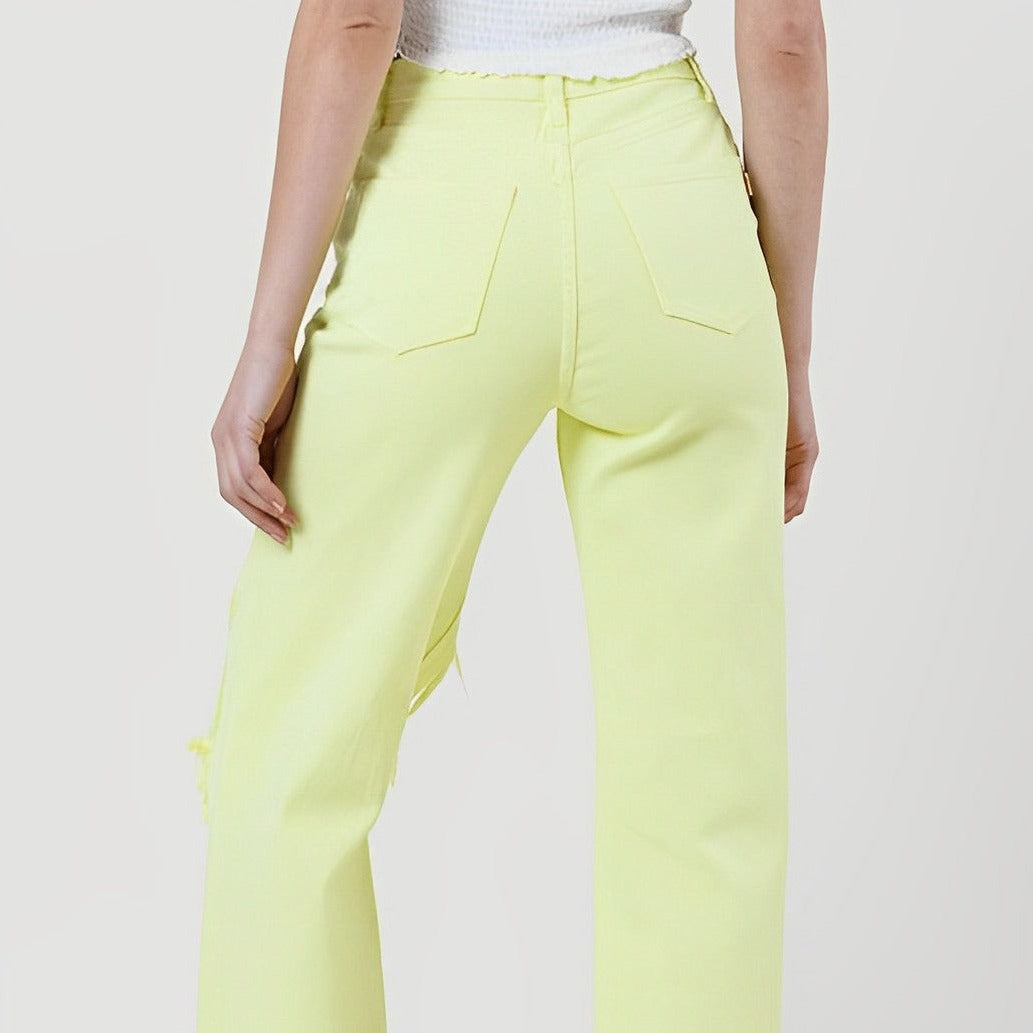 Lime Distressed Straight Leg Jeans